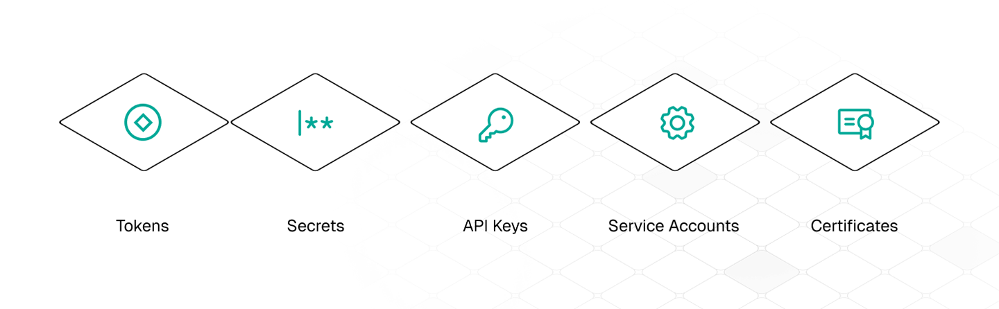 Icons representing examples of non-human identities: Tokens, Secrets, API Keys, Service Accounts, and Certificates