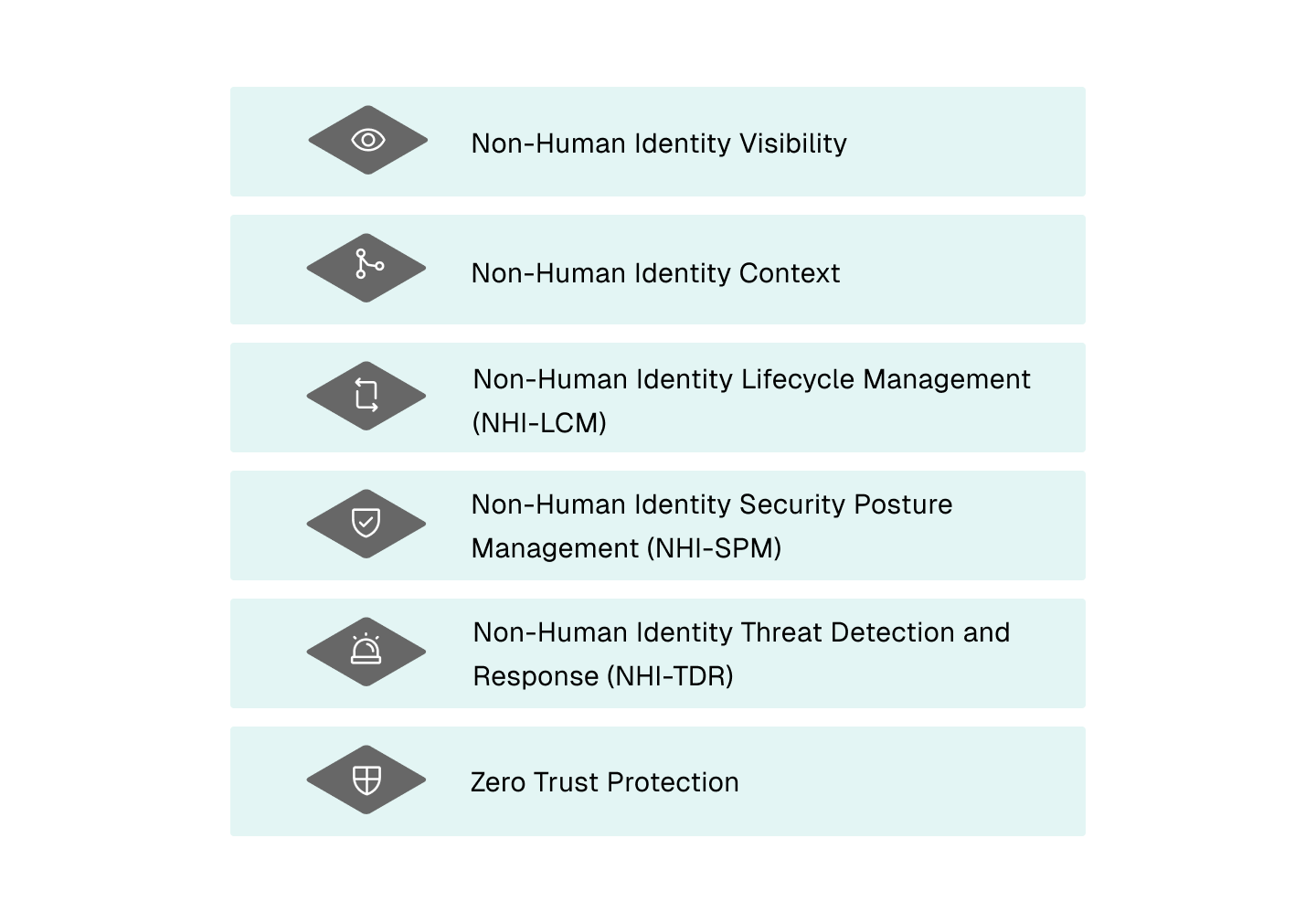Non-Human Identity Security Use Cases: Identity Visibility, Context, Lifecycle Management (NHI-LCM), Security Posture Management (NHI-SPM), Threat Detection (NHI-TDR), and Zero Trust Protection.